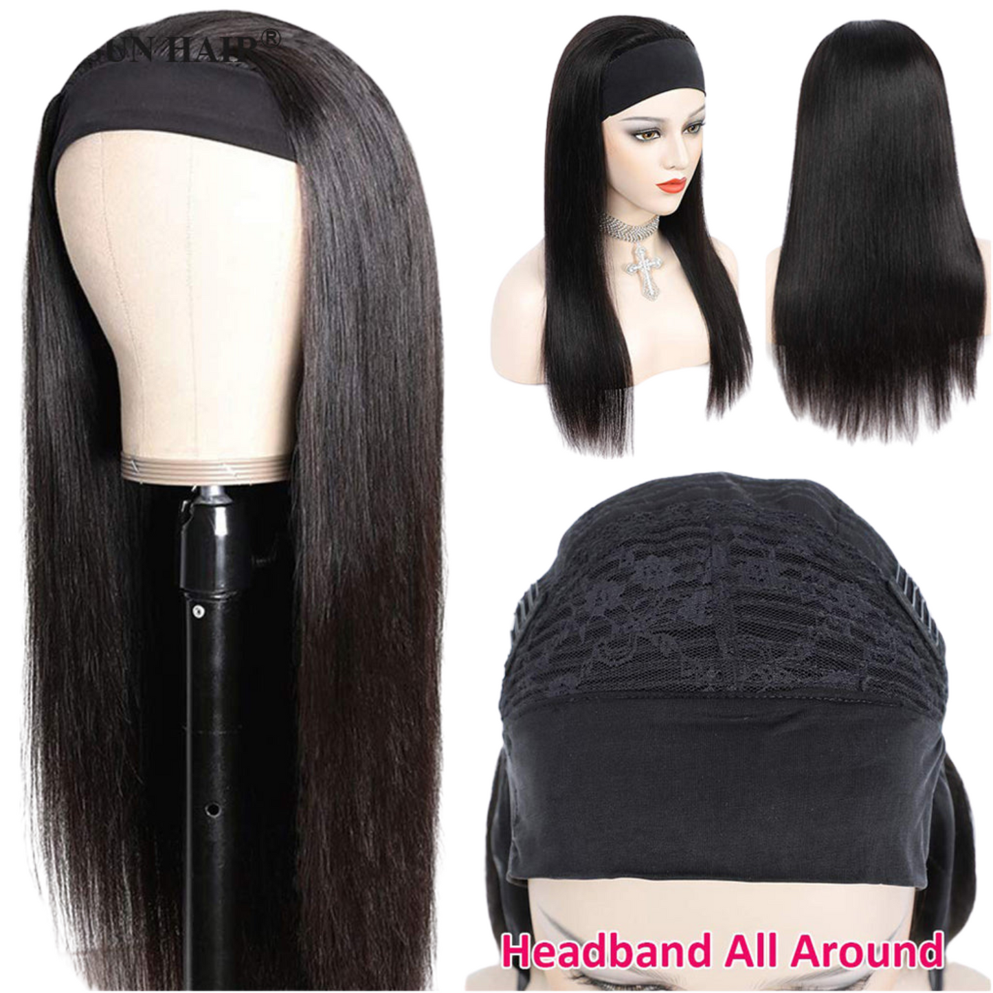 Brazilian Hair Straight Headband Wigs Glueless None Lace Machine Made Wig